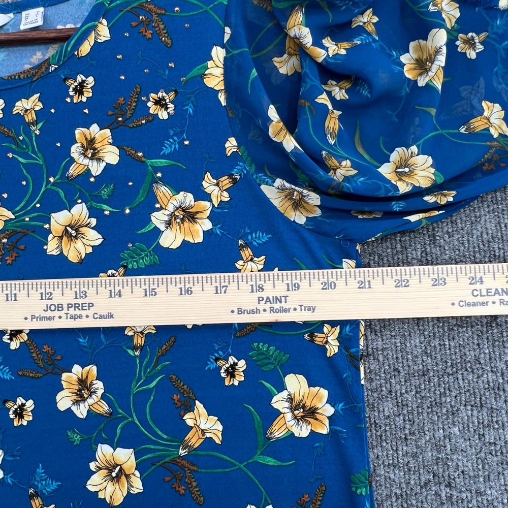 Floral Rhinestone Puff Sleeve Top Womens Medium Blue Sheer‎ Boho Cottage Party - Picture 6 of 12